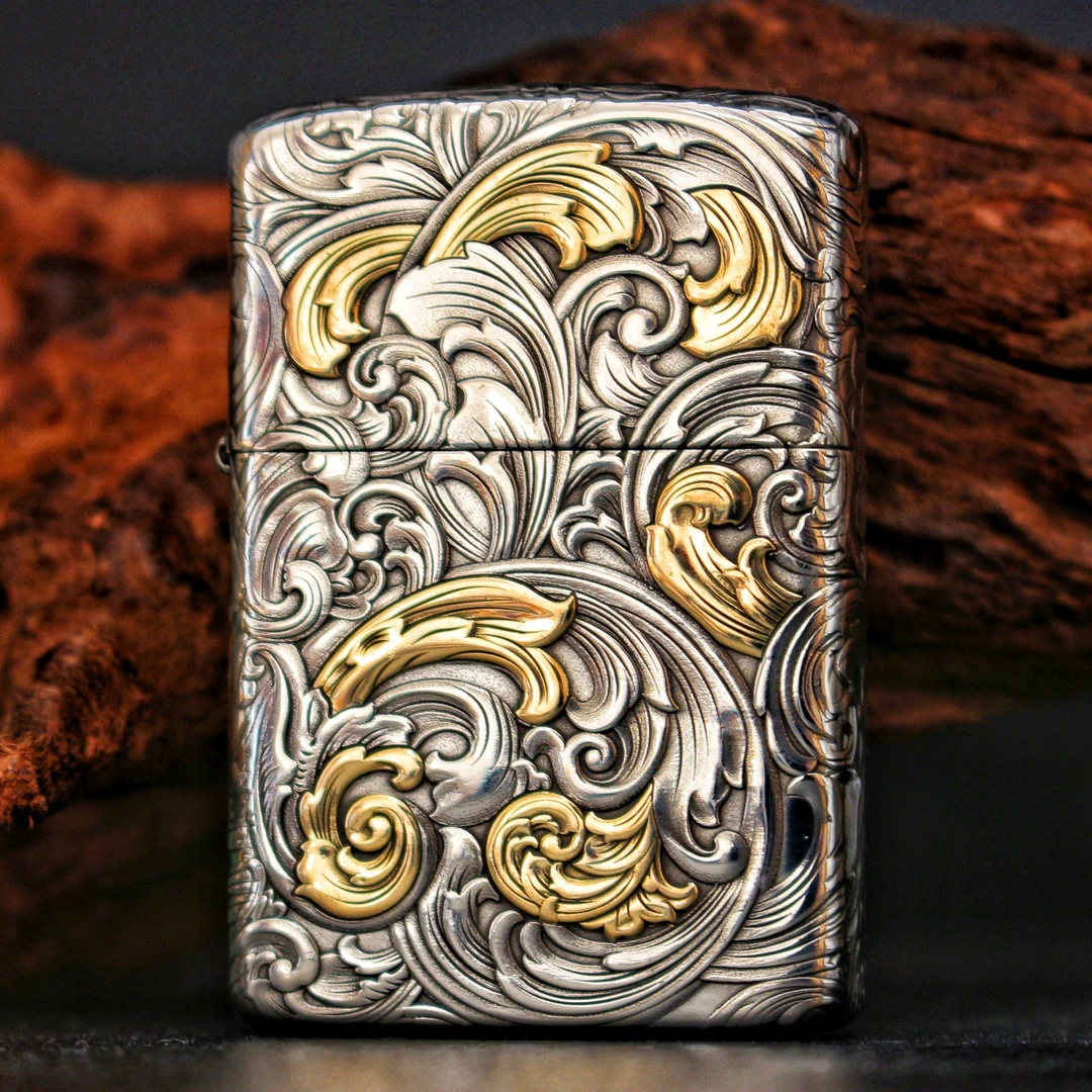 【鹰皇】五面唐草佐罗煤油防风打火机盔甲浮雕白铜手工镶嵌立体新款