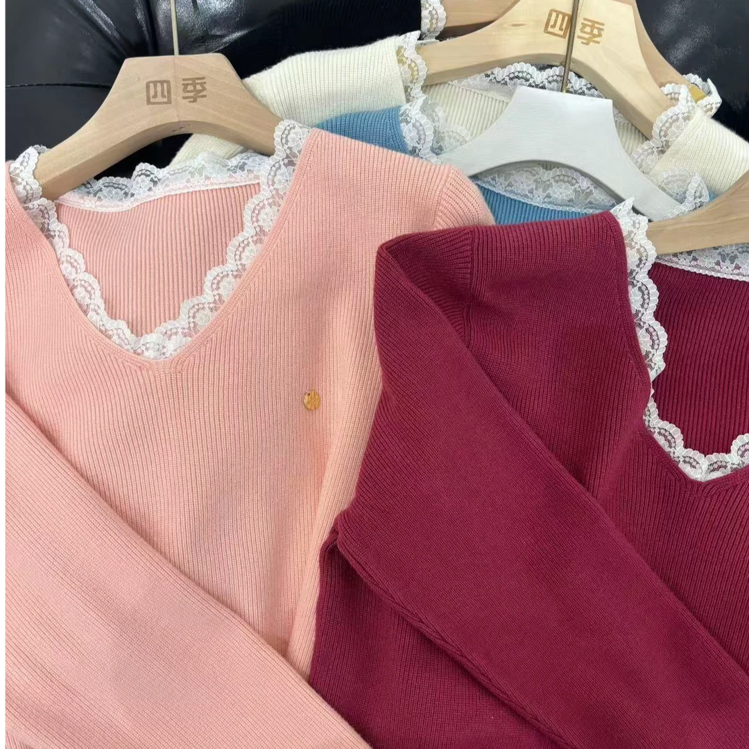《SI JI 云柔漫步》v领蕾丝边纯色毛衣网红休闲百搭韩版套头2007