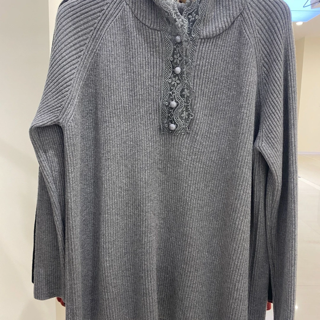 SIJI/欧货定制新款百搭蕾丝拼接半开领连帽套头针织衫上衣女6666