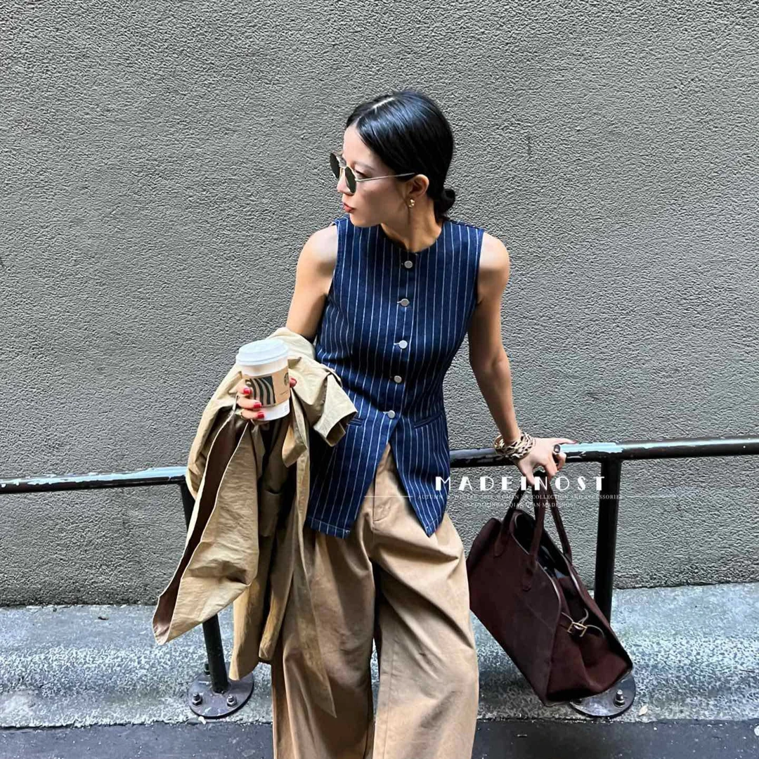 MADEINOST2024秋季新款复古老钱条纹牛仔马甲高级感气质收腰上衣