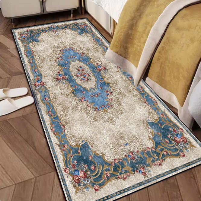 波斯蓝白系列蓝玫瑰水晶绒地毯床边毯家用地垫【60×160㎝】