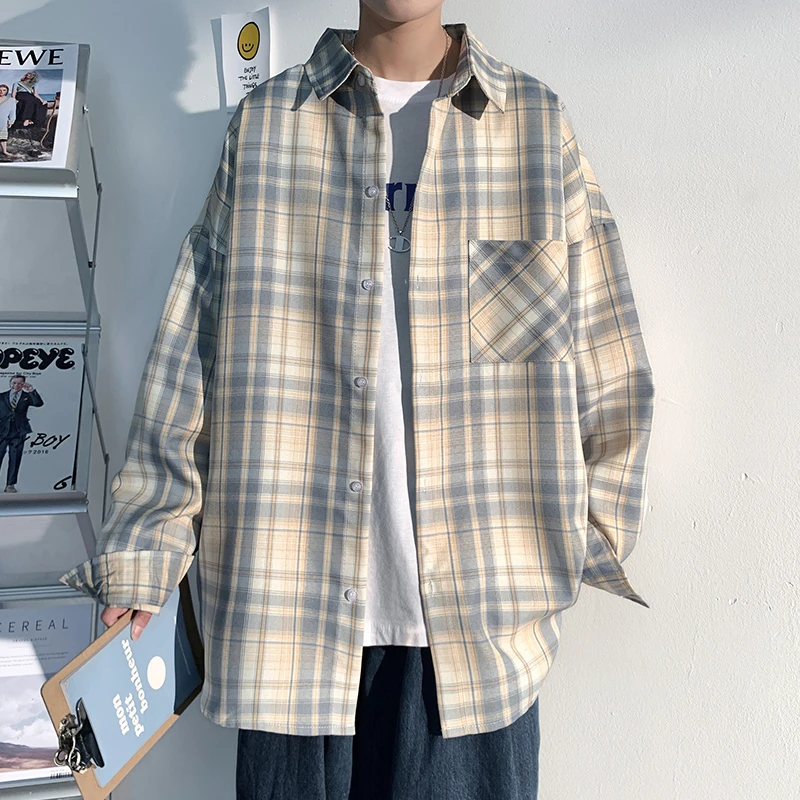 长袖衬衫男士秋冬季休闲格子工装衬衣男生复古港风寸衫夹克上衣服