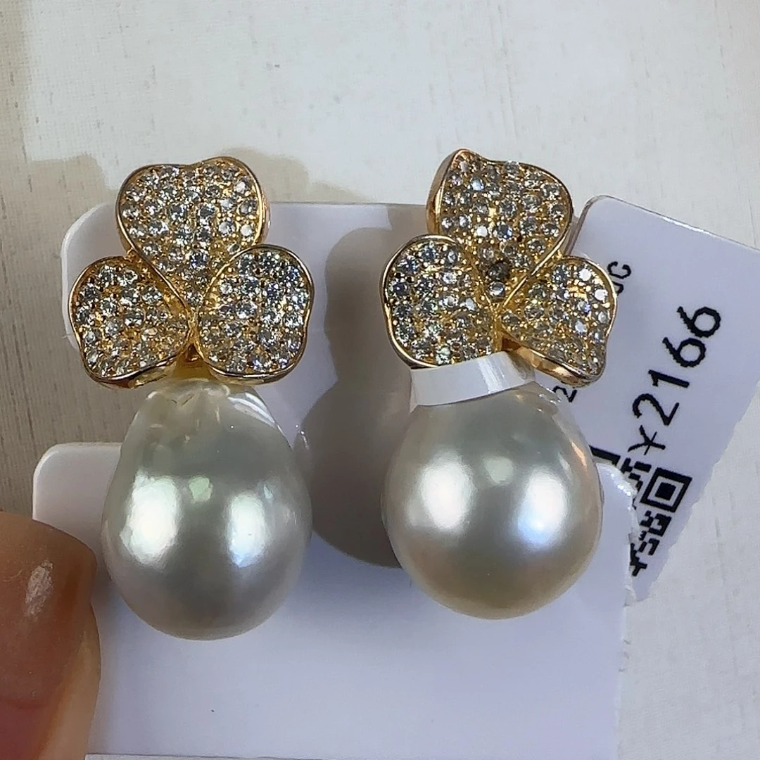 海水珍珠耳饰银S925镶嵌12-13澳白干枯玫瑰色不退换