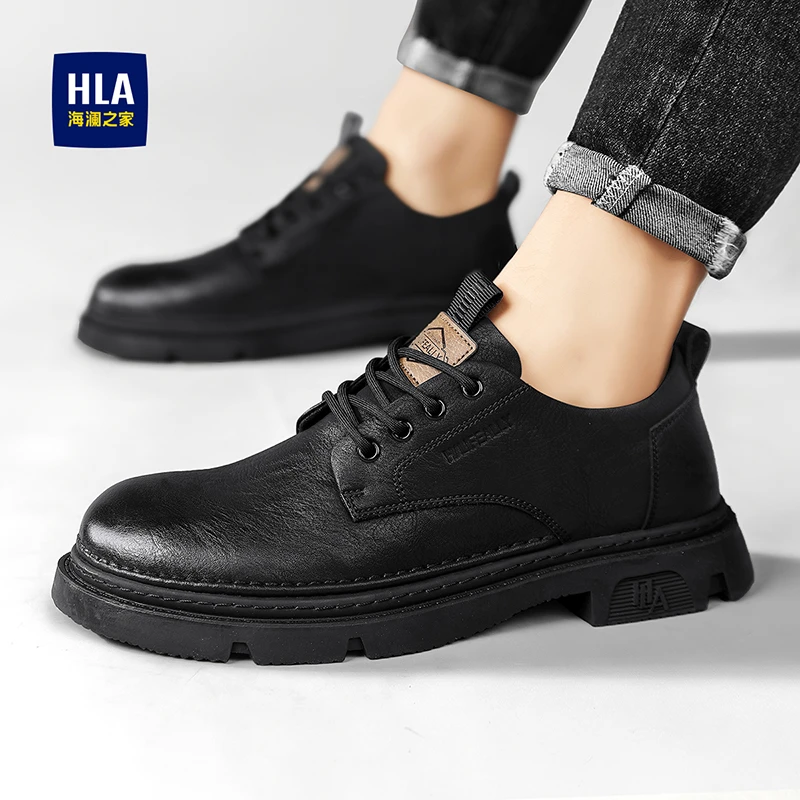 HLA/海澜之家男鞋男士皮鞋舒适休闲百搭商务秋季时尚加绒低帮黑色
