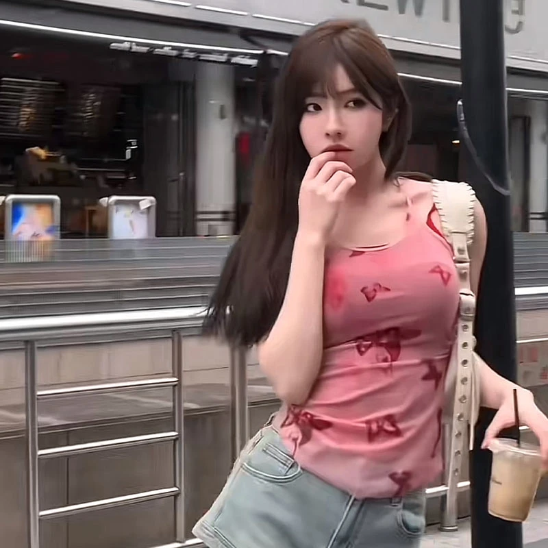 假两件蝴蝶印花粉色小吊带背心女夏季新款内搭辣妹修身显瘦上衣