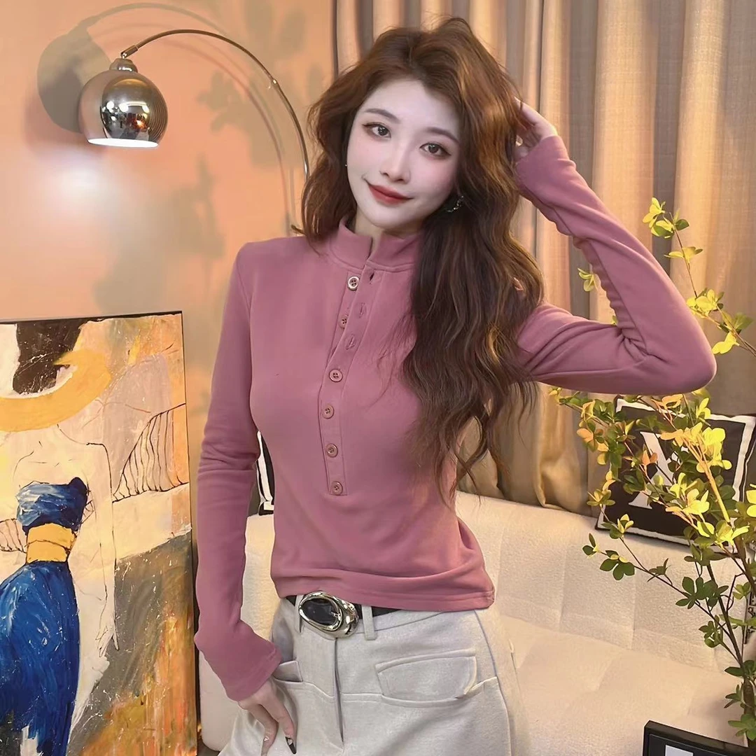 半高领双面绒女装长袖2023秋冬季新款纯色打底衫加绒上衣保暖显瘦