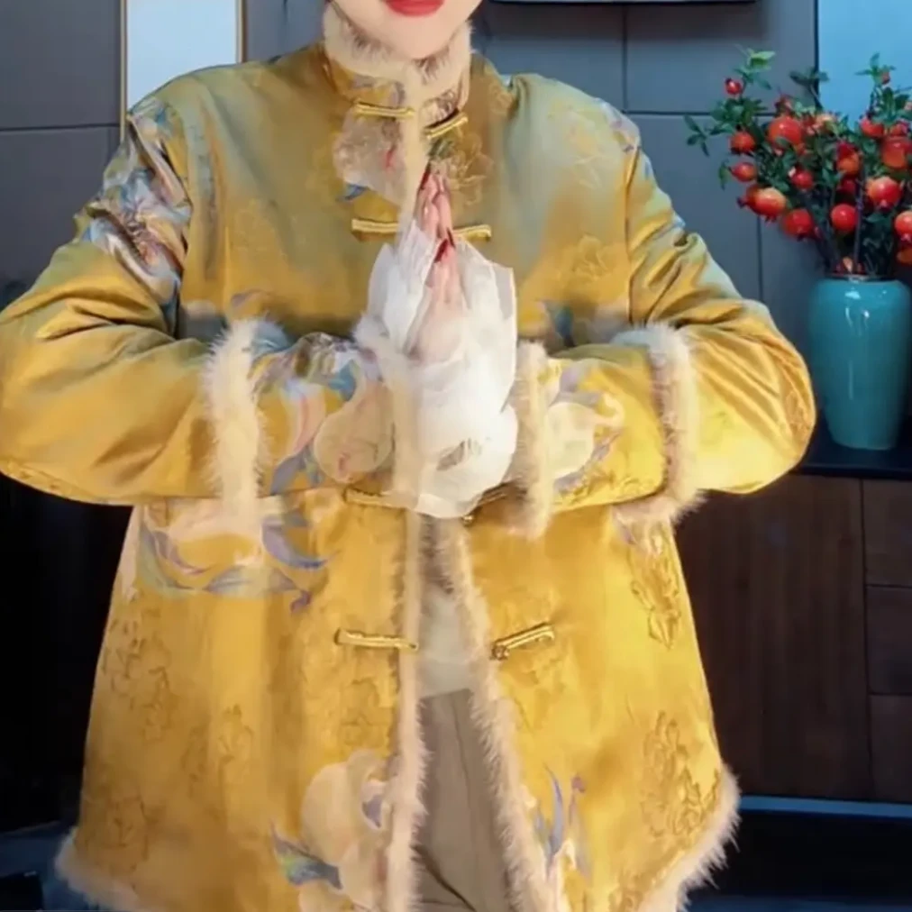 新中式国风气质妈妈装冬季新款提花夹棉立领时尚外套上衣货号5633