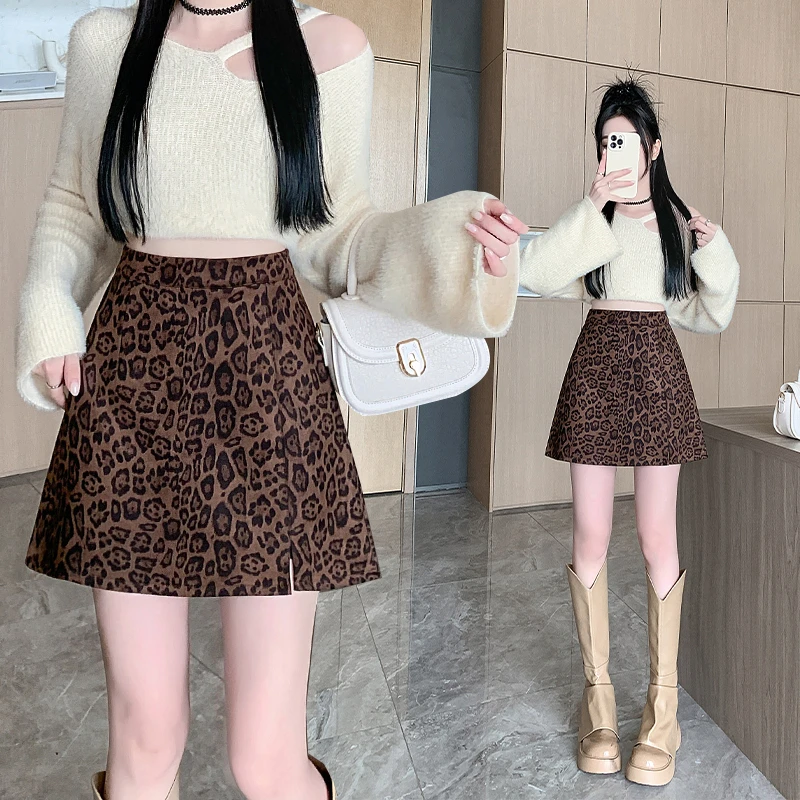 大码女装气质性感豹纹a字短裙秋冬微胖mm高腰显瘦鹿皮绒半身裙