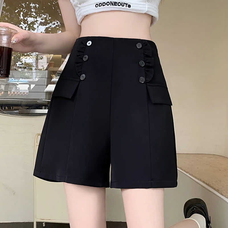 2024夏装新款胖妹妹百搭高腰阔腿短裤子女小众木耳边a字热裤显瘦