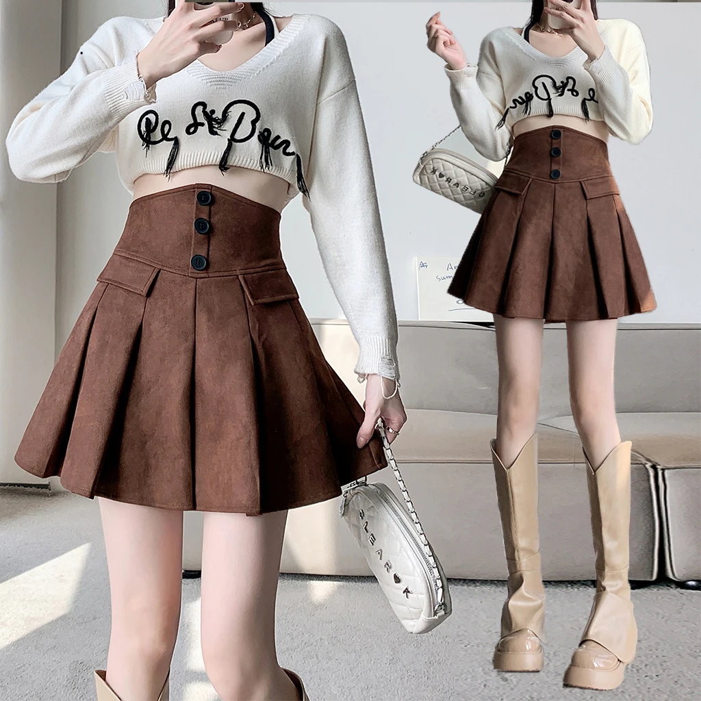 鹿皮绒百褶半身裙女大码设计感秋冬胖妹妹遮胯显瘦高腰a字短裙潮