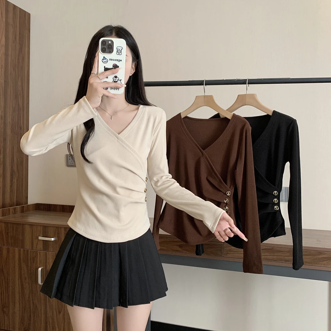 2024秋季大码女装不规则褶美式辣妹保暖打底衫上衣