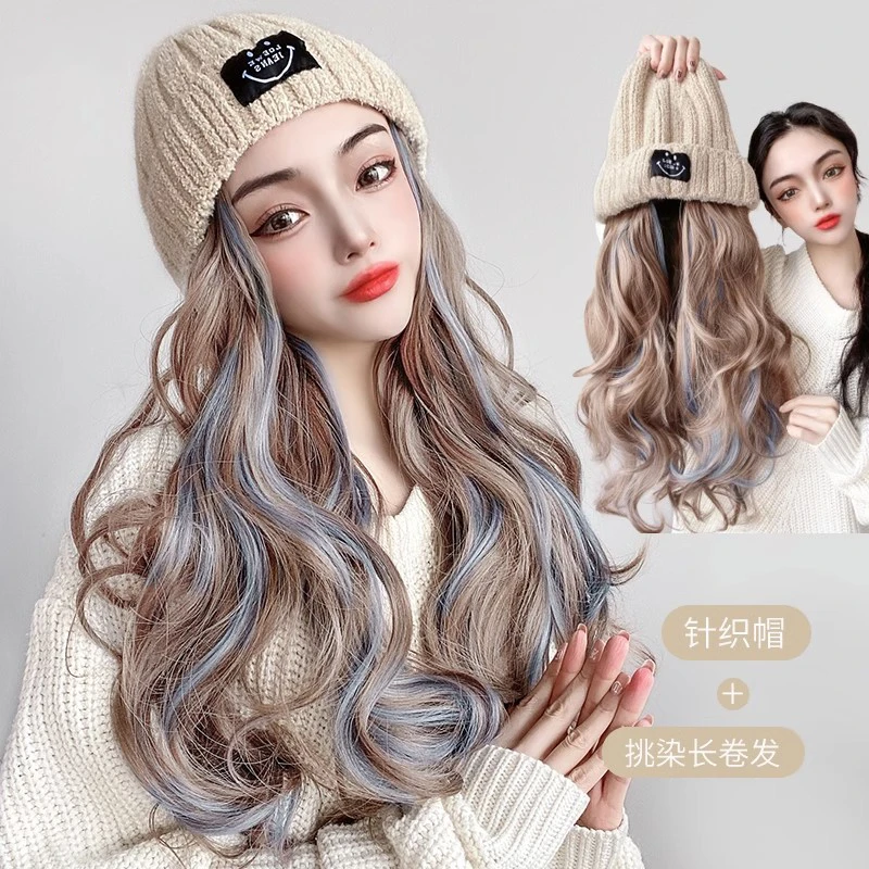 帽子假发一体女时尚笑脸针织帽全头套式长卷发仿真人发连帽假发帽