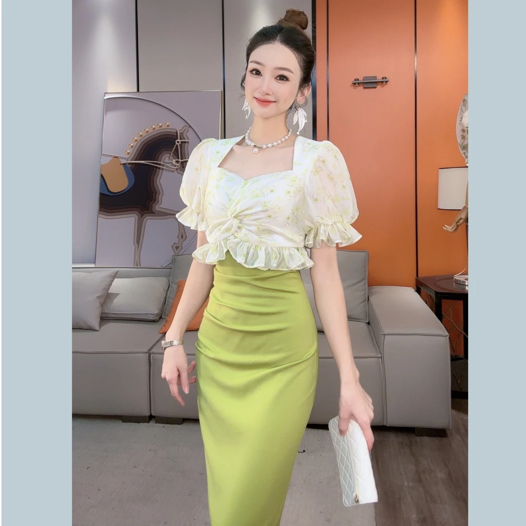 【小茵家】夏季气质法式泡泡袖收腰修身包臀连衣裙女神款