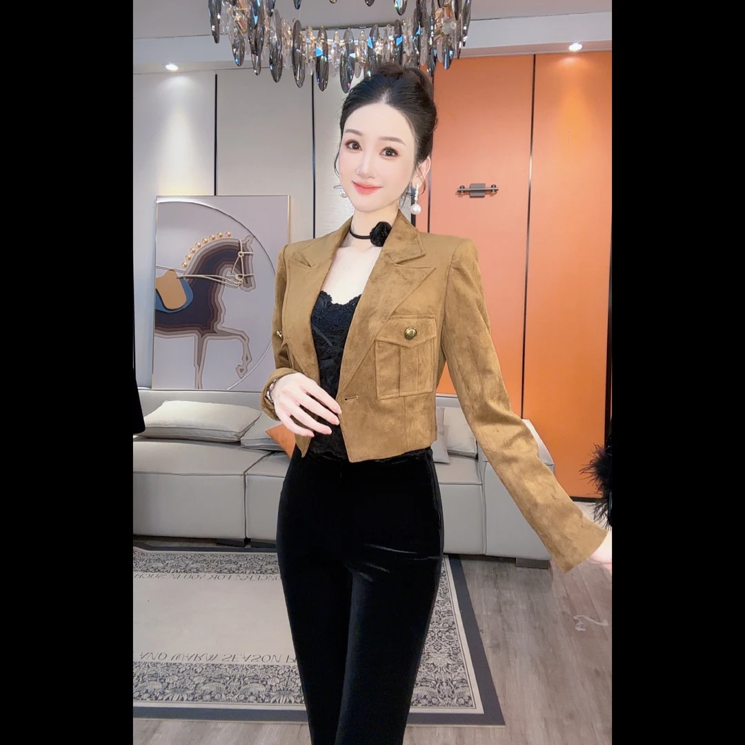 【小茵家】秋冬百搭麂皮绒小西装短外套上衣修身显瘦款