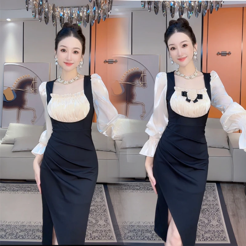 【小茵家】气质收腰背带假两件修身包臀连衣裙减龄款