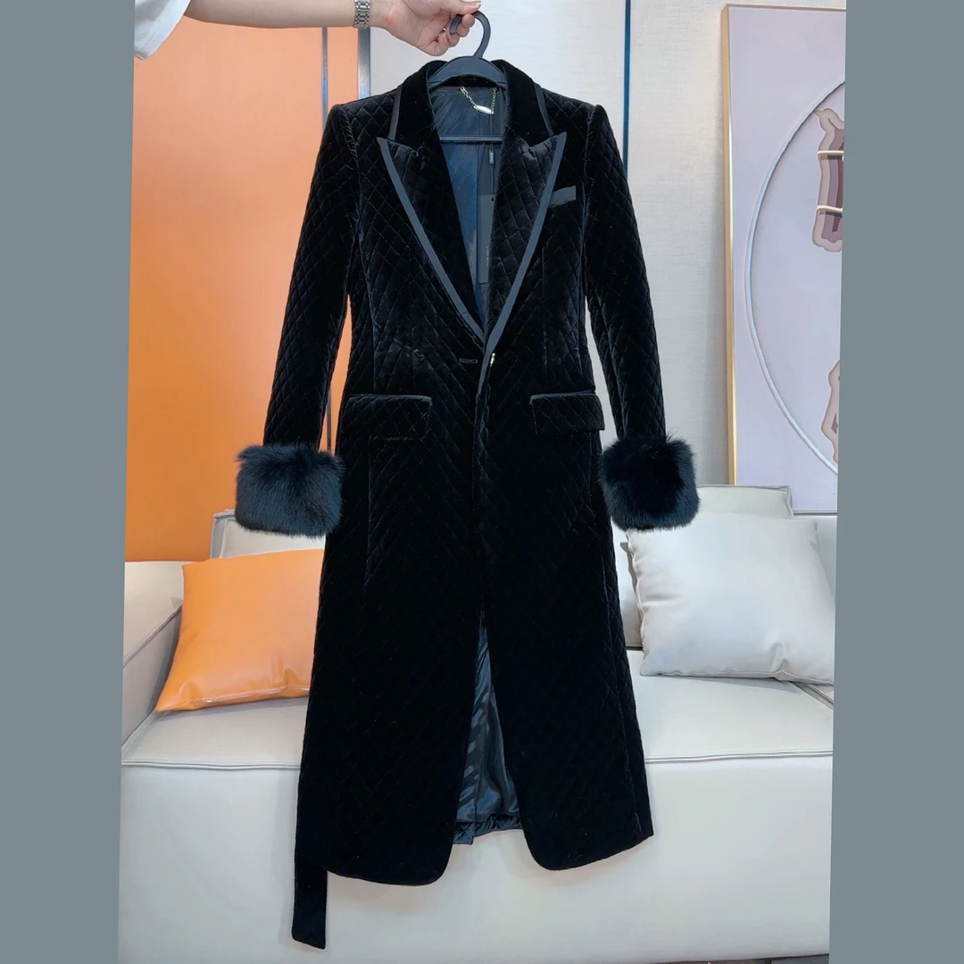 【小茵家】气质冬款加棉丝绒外套大衣修身绑带收腰显瘦袖口毛毛装饰