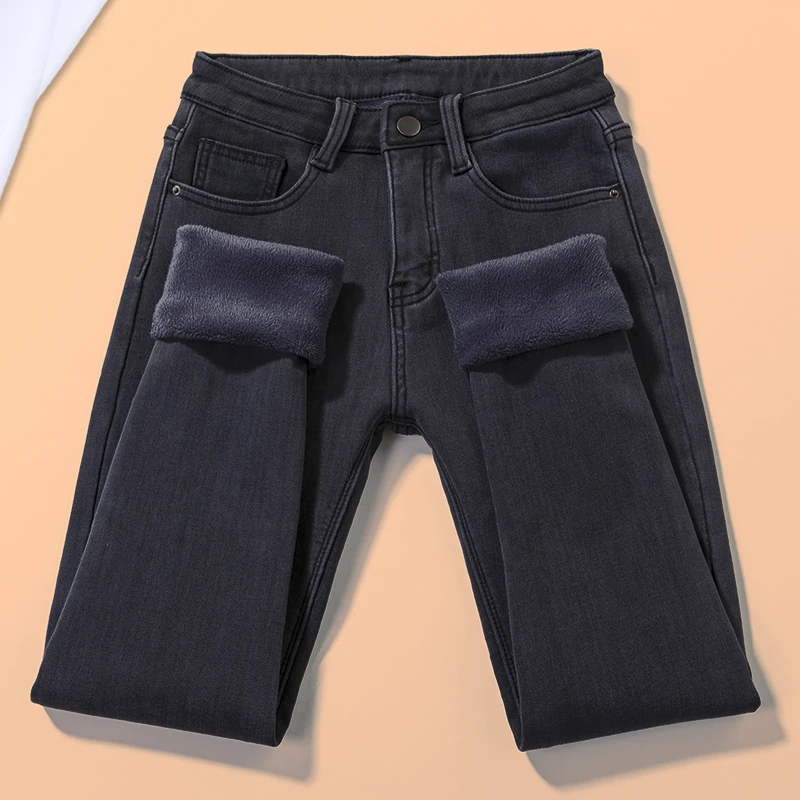 黑灰色加绒牛仔裤女弹力加厚紧身小脚裤高腰显瘦修身冬季铅笔裤子