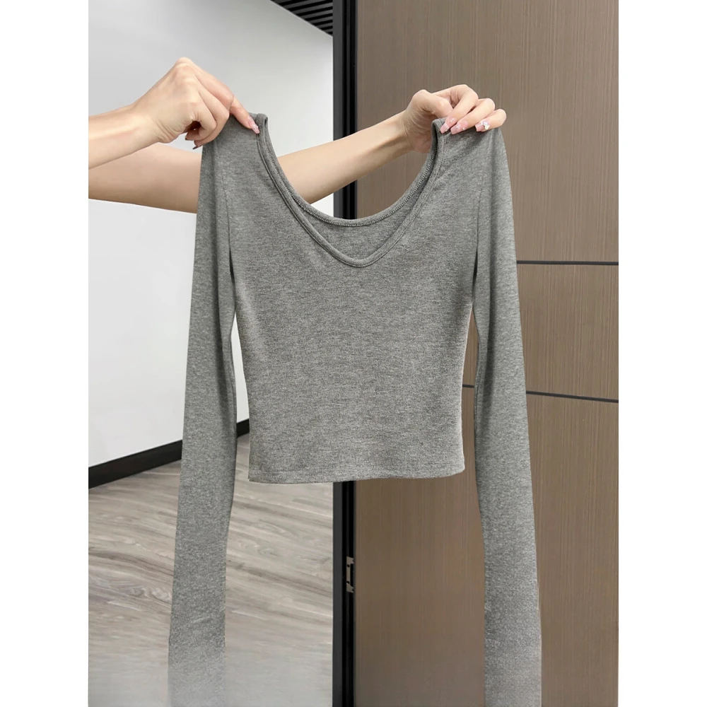 纯欲前后两穿大领口长袖T恤女秋冬季辣妹v领修身短款打底衫小上衣