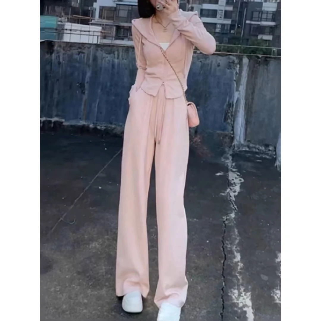 运动休闲套装女春季2025新款大码微胖mm显瘦连帽卫衣阔腿裤两件套