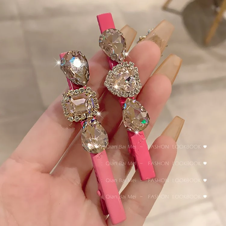 韩版时髦氛围粉色爱心水钻甜美侧边夹高级感刘海夹鸭嘴夹夹子发饰