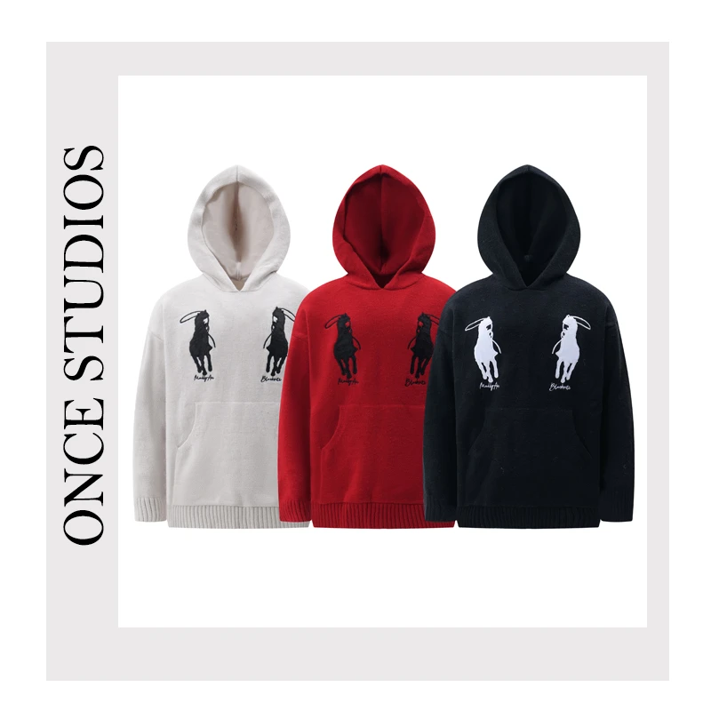 ONCE-【浮力清舱NO退NO换】潮牌情侣刺绣连帽毛衣针织衫