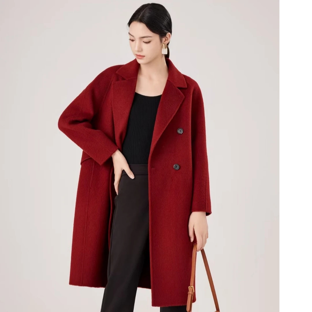 酒红色西装外套女2024新款秋冬季中长款双面尼羊毛大衣高级感毛呢