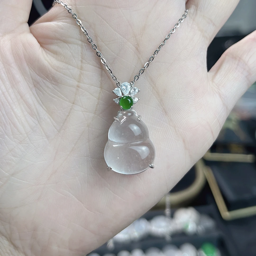 天然石英质玉简镶小葫芦，s925银镶嵌