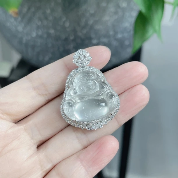 天然石英质玉新款中号封底佛公，s925银镶嵌