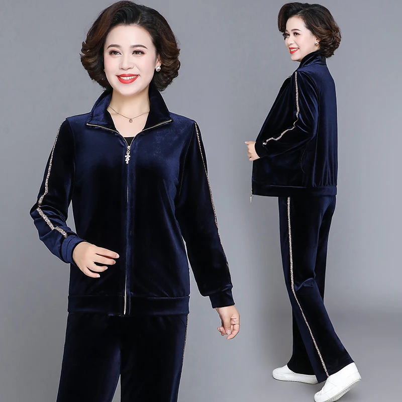 中年妈妈秋装外套上衣中老年人金丝绒运动服套装女春秋两件套休闲