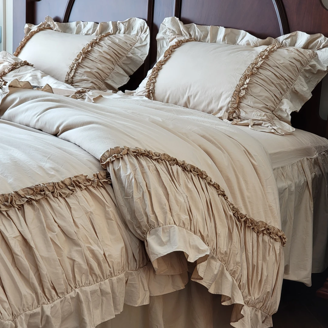 【小冲冲】复古花边全棉四件套手工打皱公主床裙款刺绣四季通用床单