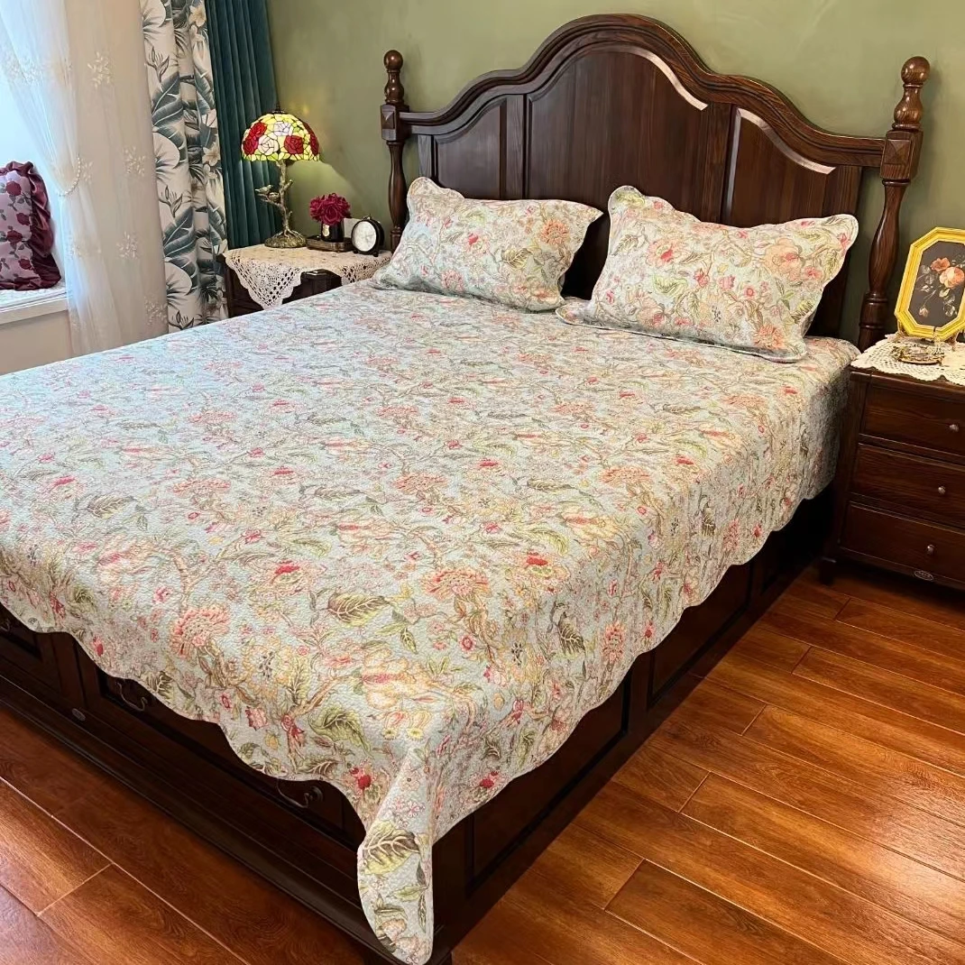 【玉兰姐姐】美式复古大花卉床盖三件套四季通用床上铺盖加厚床单3