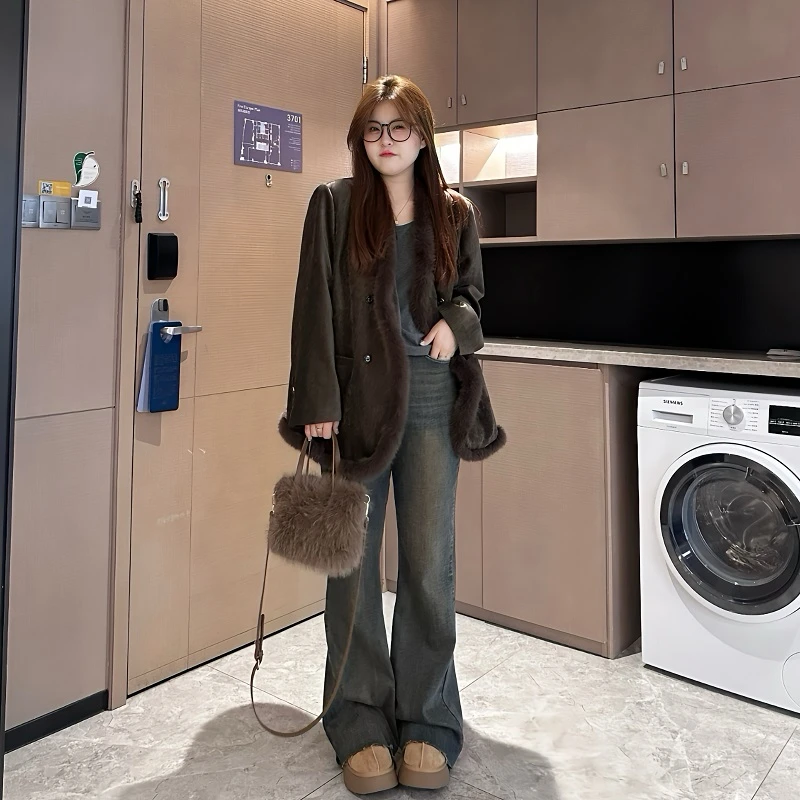 维维&南岛风特大码女装200斤美拉德胖mm拼接毛毛百搭外套ZYY104