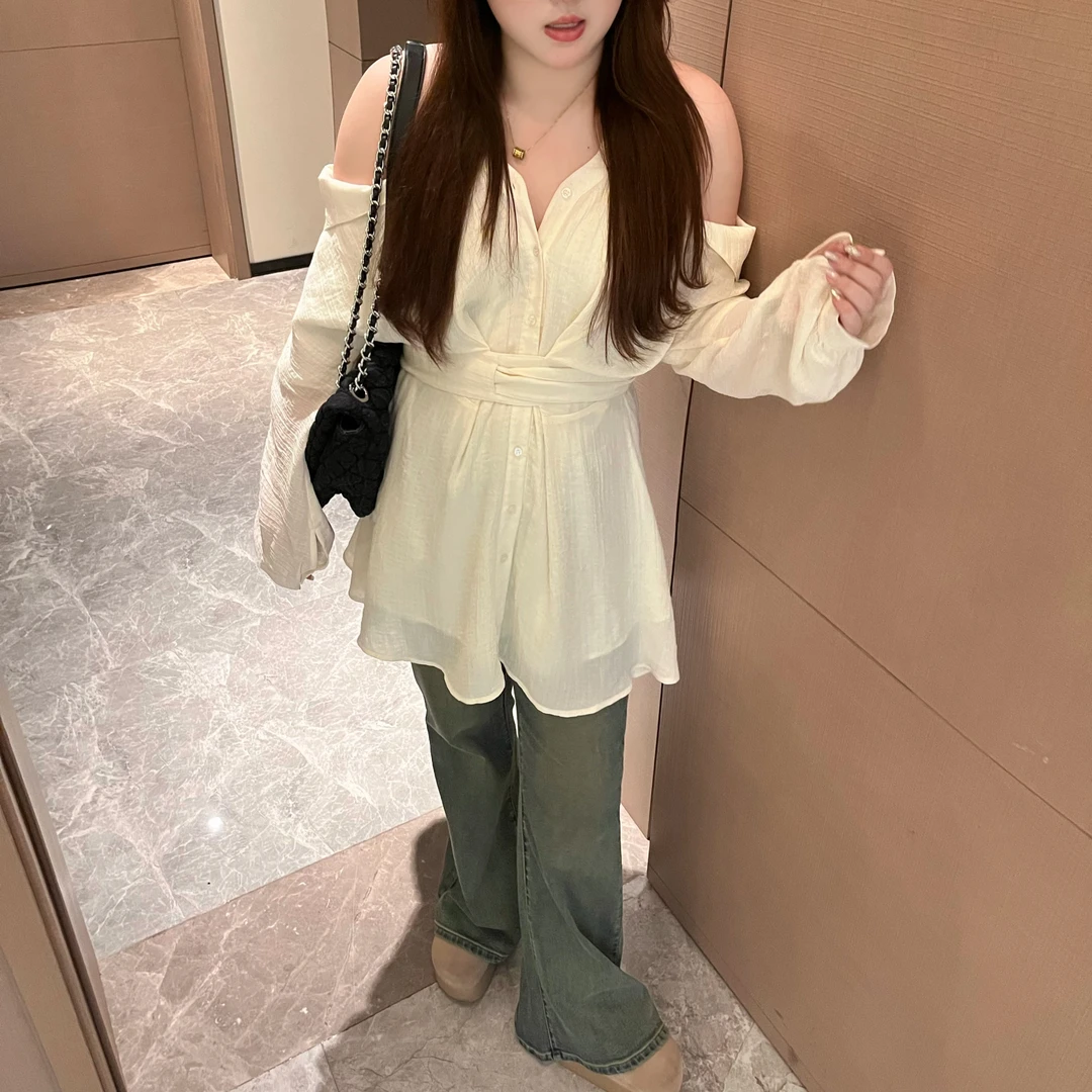 维维&南岛风大码女装春季胖mm长袖露肩减龄显瘦衬衫连衣裙ZWW233
