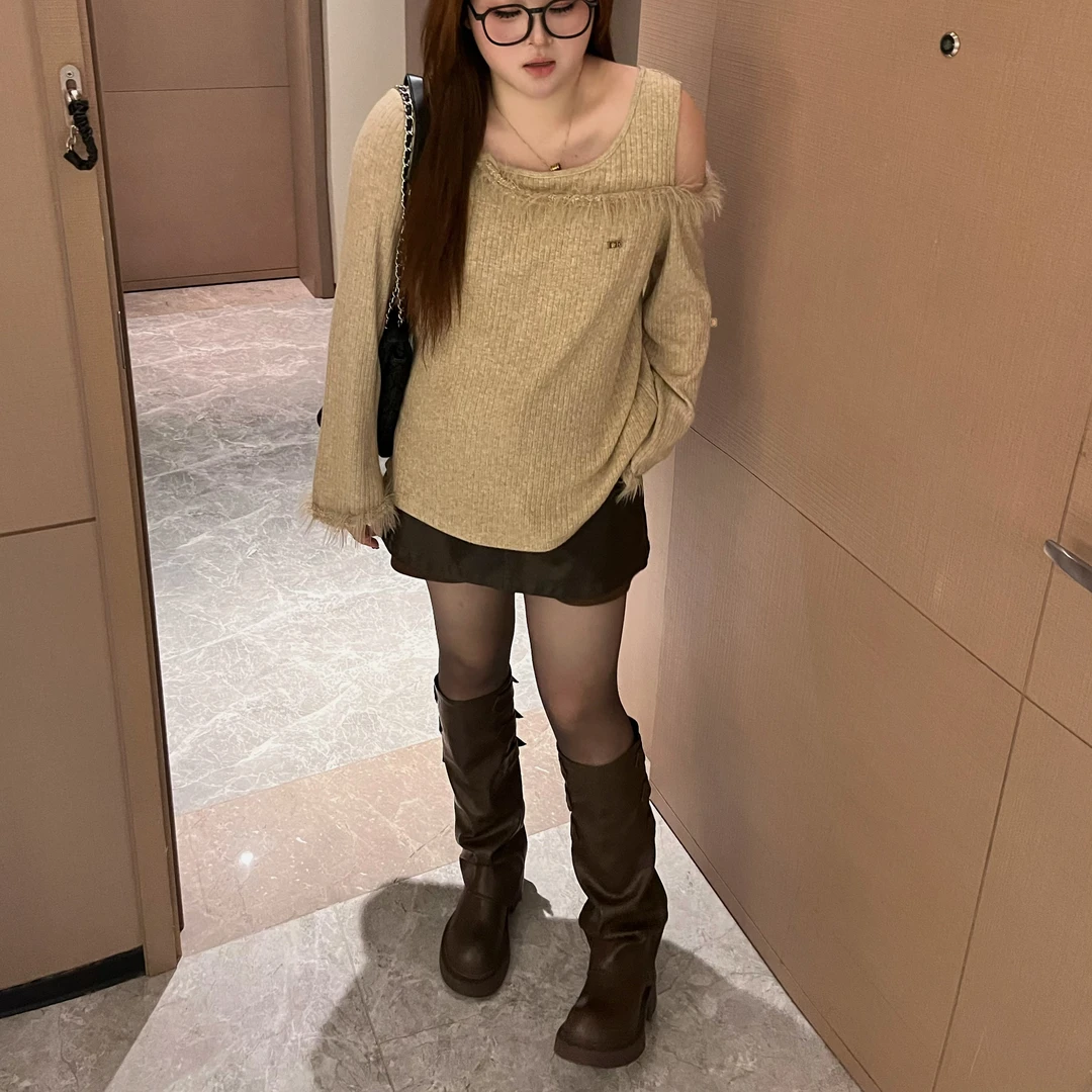 维维&南岛风大码女装春秋露肩长袖胖mm宽松显瘦遮肉上衣ZWW318