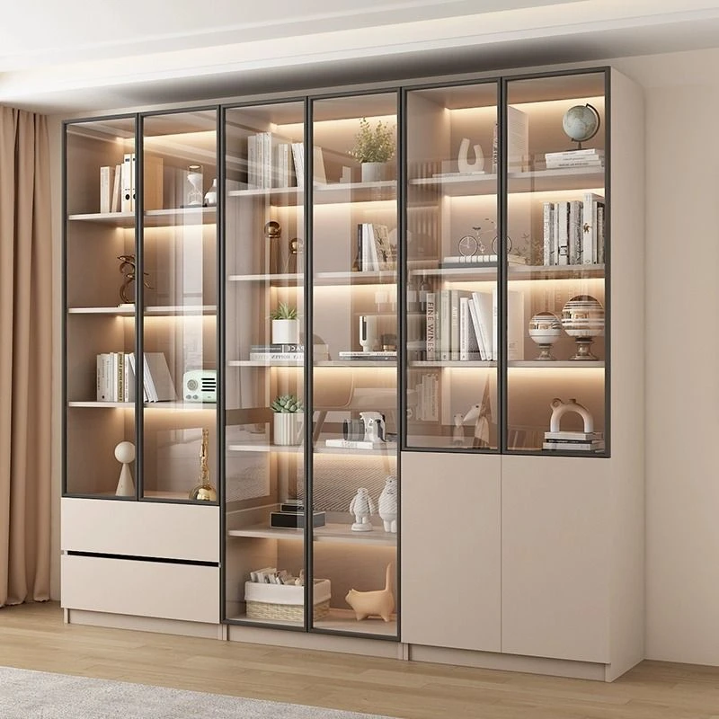 现代轻奢定制储物柜书架防尘展示柜书柜家用带玻璃门客厅一体整墙