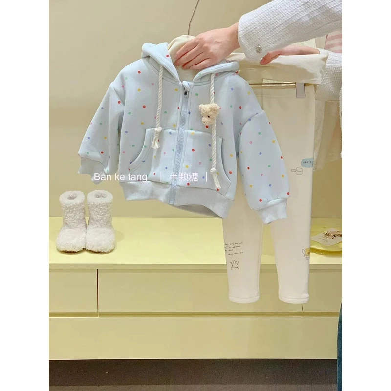 （no退no换）儿童卫衣开衫外套2024秋冬女童加绒彩色波点外套套装