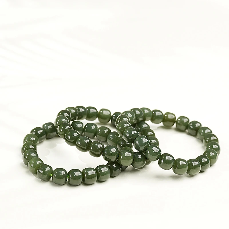 【鑫浩矿业】新疆和田玉-深色沙枣青老型卡9-10mm手串多样性发一条