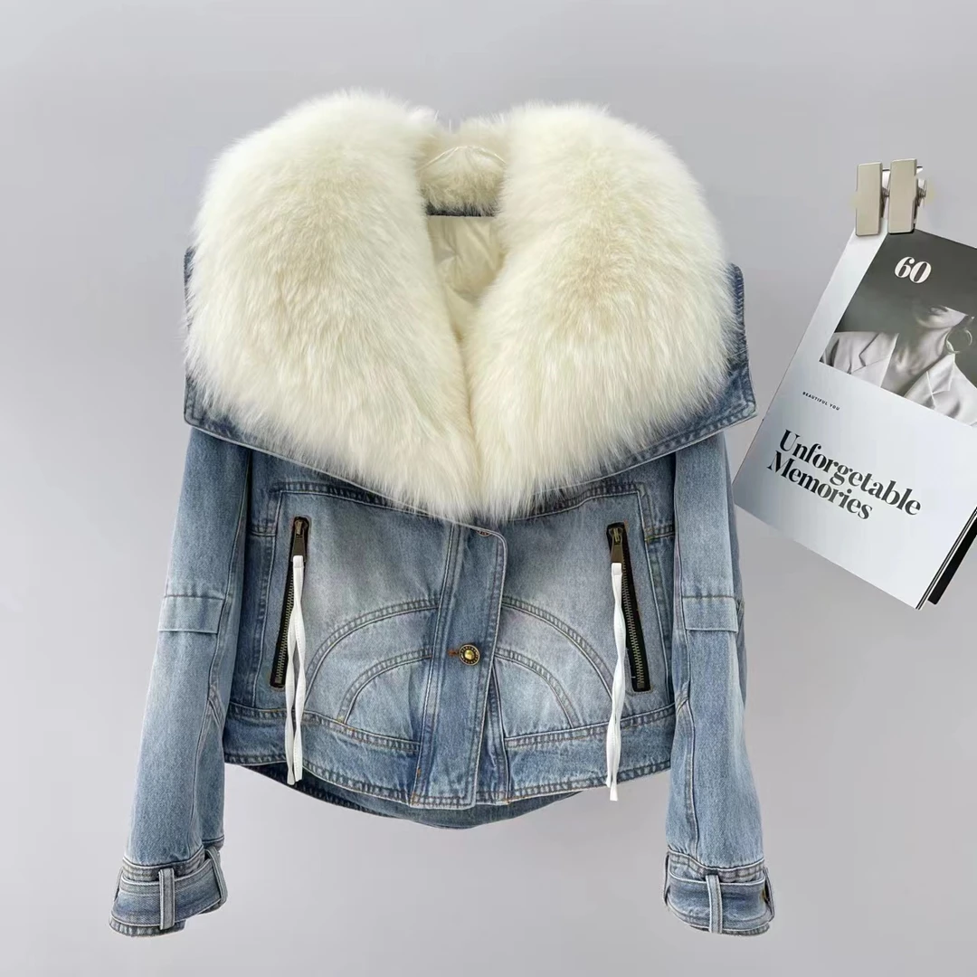 TYNS【375】秋冬季鹅绒欧货时尚网红百搭外套狐狸大毛领牛仔羽绒服