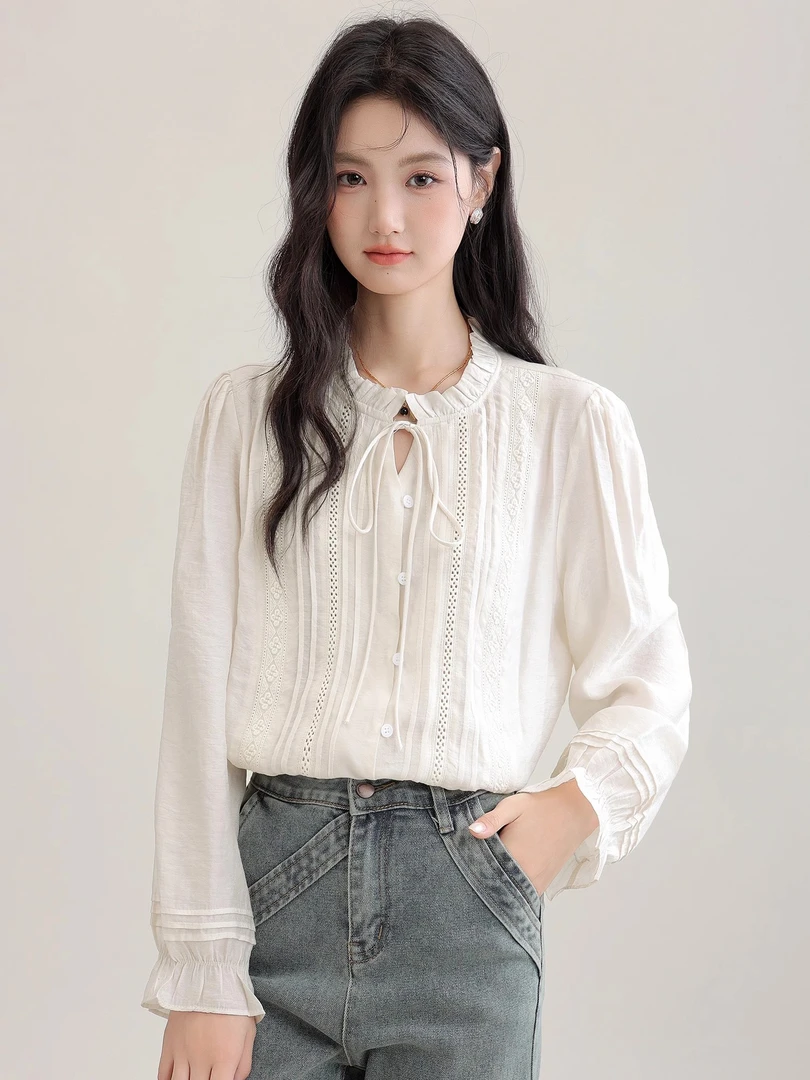 【现货】计感法式衬衫女早秋2024新款气质木耳边内搭长袖chic上衣