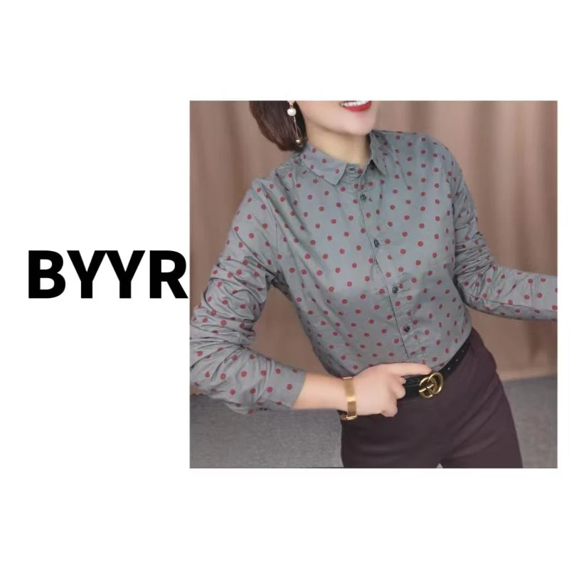 伴月伊人灰红波点加绒衬衣衬衫长袖时尚百搭气质打底女士翻领X