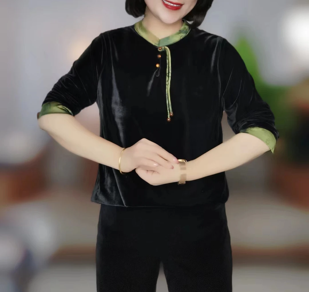 伴月伊人定制款新国风金丝绒网红打底衫秋季立领秋冬气质显瘦长袖