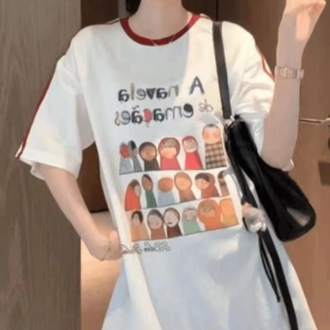 夏季新款潮流印花可爱小人袖杠洋气减龄百搭休闲短袖T恤8225-C