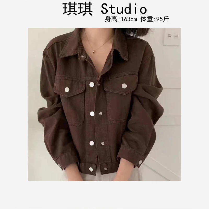 秋季新款纯色舒适翻领排扣双口袋气质减龄显瘦百搭牛仔外套537-G