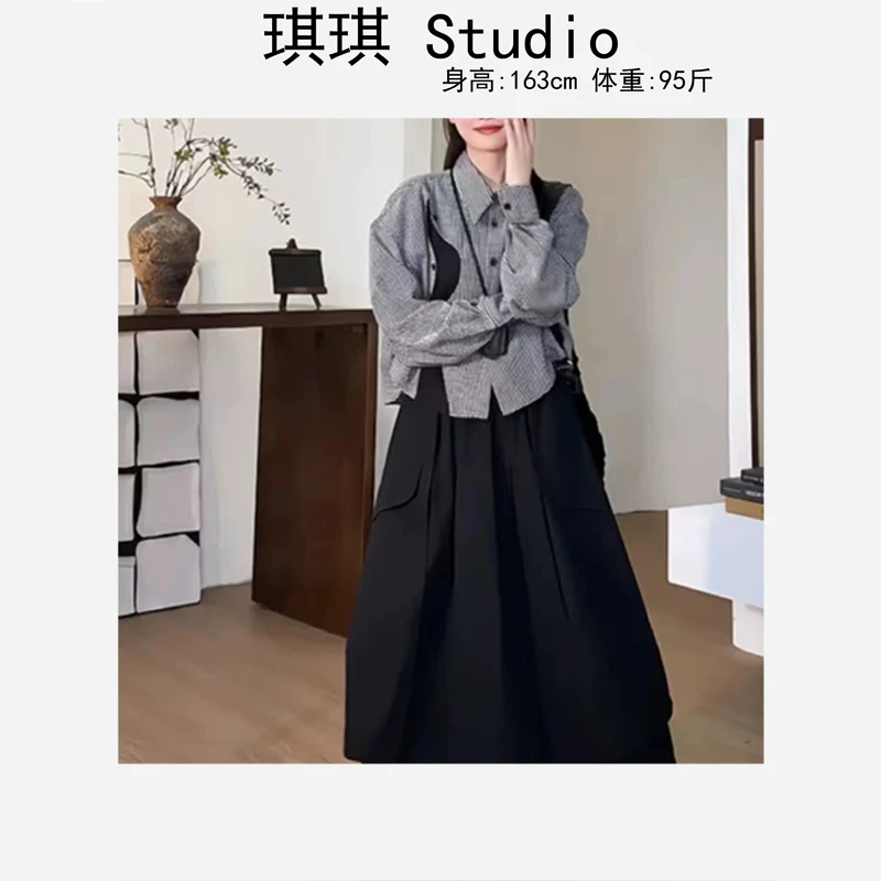 秋季新款重工设计国风中式小格子翻领时尚排扣气质百搭衬衫8577-G