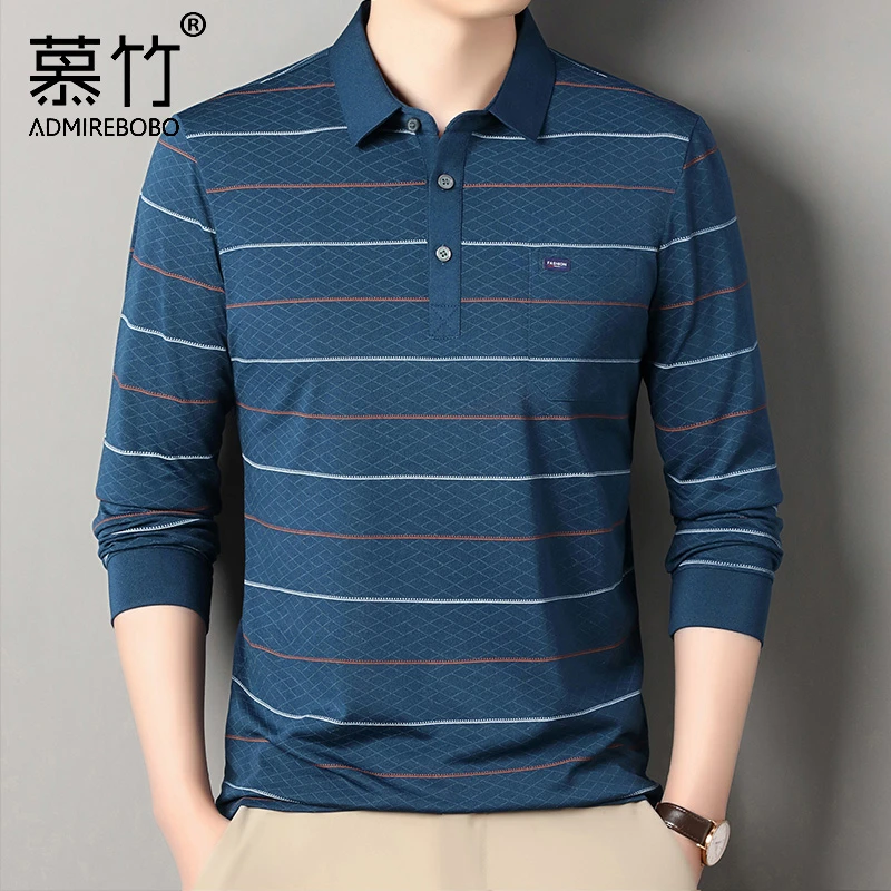 中老年男士长袖t恤衫春秋季条纹翻领爸爸装打底宽松上衣服