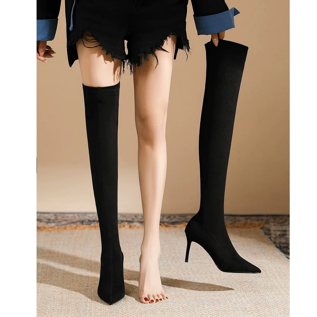 2025冬季新款黑色绒面过膝长筒靴女细跟尖头时尚显瘦高筒弹力靴女
