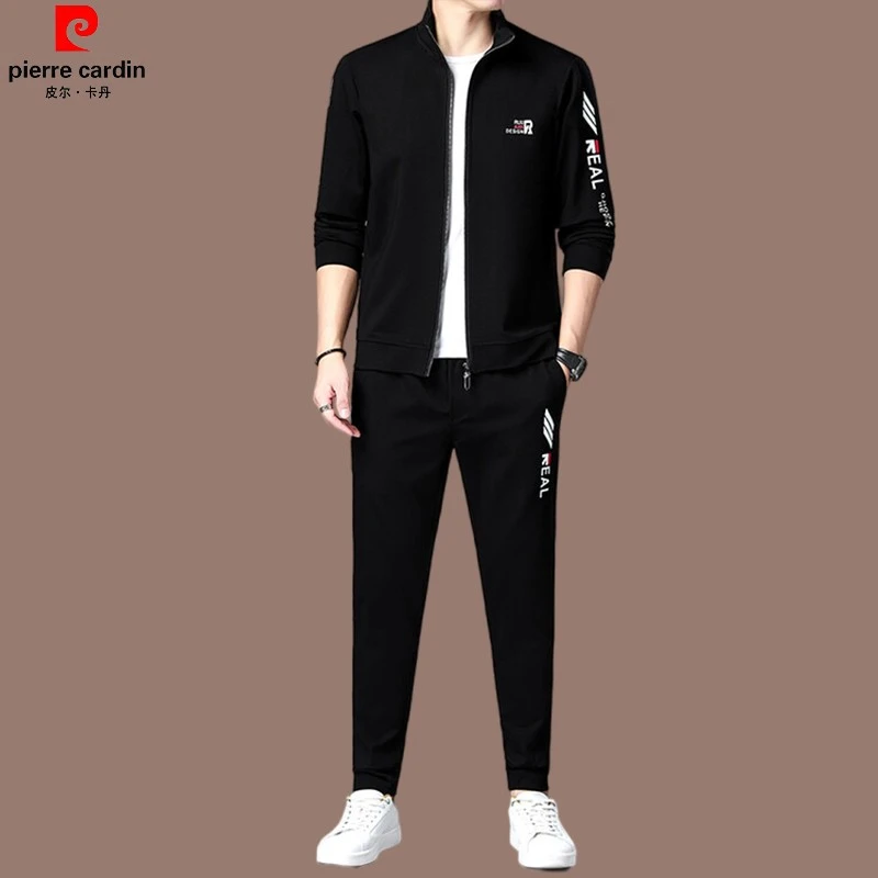 皮尔卡丹正品桑蚕丝长袖套装男士春秋季高端休闲运动服帅气男装潮