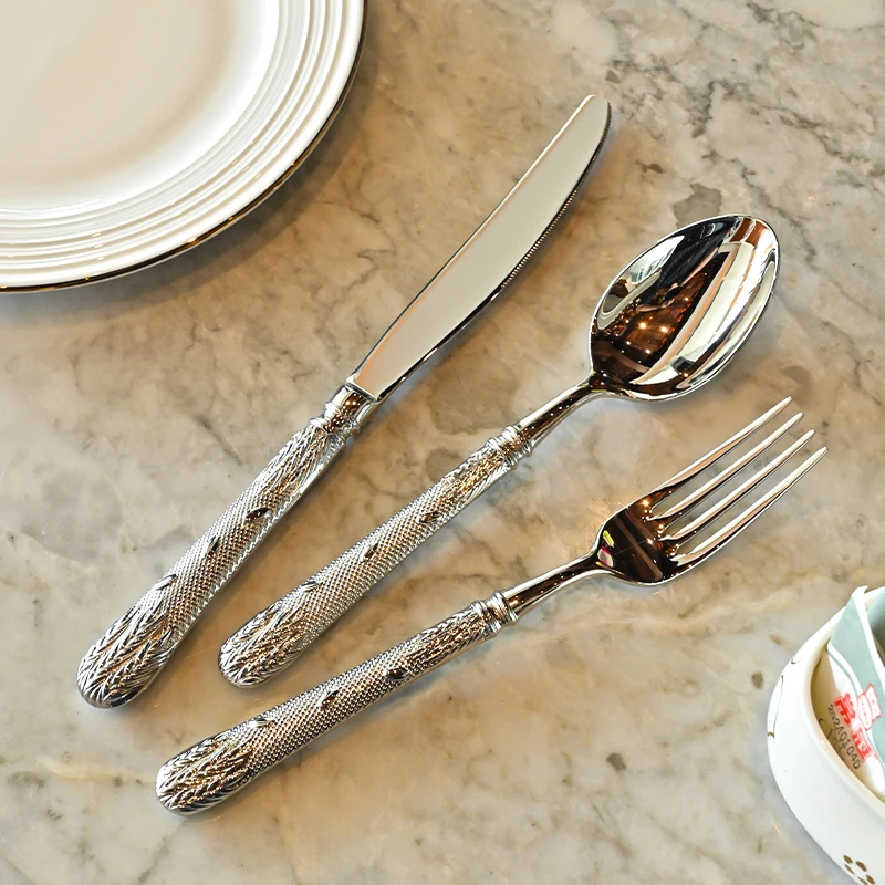【轻奢定制】18-10高档食品级不锈钢家用厚实刀叉勺全套餐具三件套