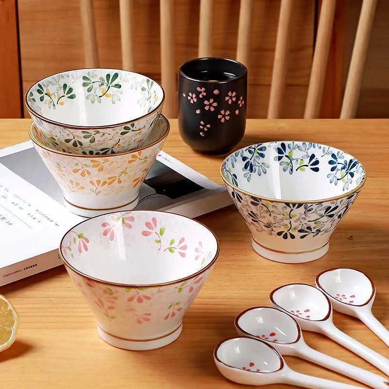 陶瓷米饭碗四季繁花吃饭日式5英寸斗笠碗高颜值家用釉下彩高脚碗