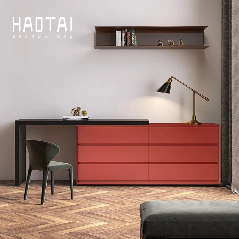 意式极简烤漆梳妆台书桌斗柜一体现代伸缩卧室电视柜电脑桌收纳柜